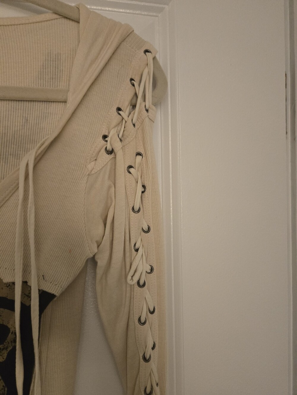 Salvage Beige Long-Sleeve V-Neck Graphic Knit Dress with Lace-Up Shoulders - Picture 3 of 6